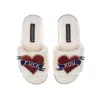 Laines London Women's White Teddy Toweling Slipper Sliders With Fuck You Brooches - Cream In White