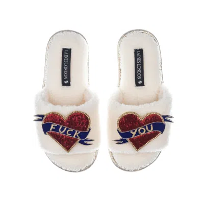 Laines London Women's White Teddy Toweling Slipper Sliders With Fuck You Brooches - Cream