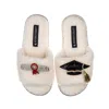 Laines London Women's White Teddy Toweling Slipper Sliders With Graduation Brooches - Cream In White