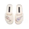 Laines London Women's White Teddy Toweling Slipper Sliders With Laines Rose Wine Brooches - Cream In White