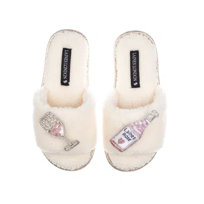 Laines London Women's White Teddy Toweling Slipper Sliders With Laines Rose Wine Brooches - Cream
