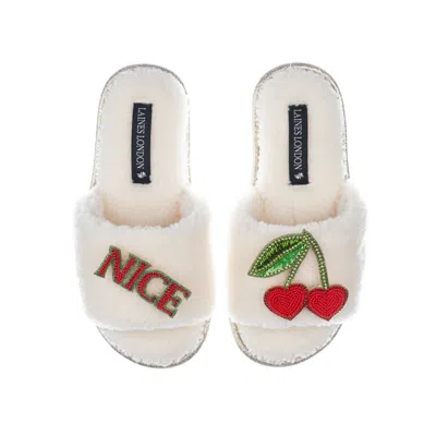 Laines London Women's White Teddy Toweling Slipper Sliders With Nice Cherries Brooches - Cream
