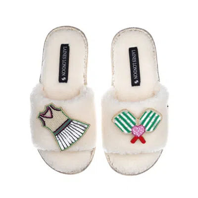 Laines London Women's White Teddy Toweling Slipper Sliders With Pickleball Brooches - Cream