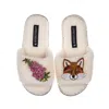 Laines London Women's White Teddy Toweling Slipper Sliders With Pink Foxglove Flowers & Fox Brooches - Cream In White