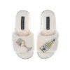 Laines London Women's White Teddy Toweling Slipper Sliders With Vino Darling Brooches - Cream In White