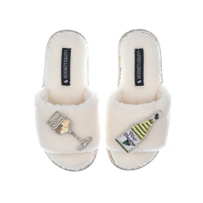Laines London Women's White Teddy Toweling Slipper Sliders With Vino Darling Brooches - Cream
