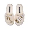 Laines London Women's White Teddy Toweling Slipper Sliders With Wedding Cake & Champagne Brooches - Cream In White