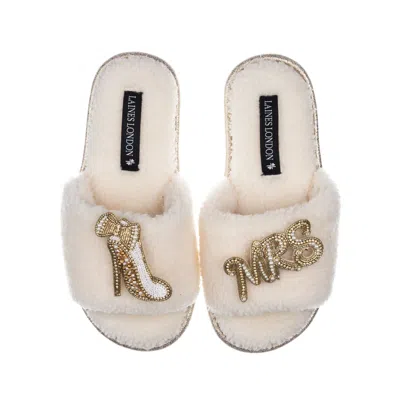 Laines London Women's White Teddy Toweling Slipper Sliders With Wedding Heel & Mrs Brooches - Cream