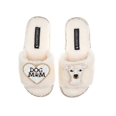 Laines London Women's White Teddy Toweling Slippers With Olive The Italian Greyhound & Dog Mum / Mom Brooches - Cr