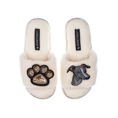 Laines London Women's White Teddy Toweling Slippers With Vinny The Italian Greyhound & Paw Brooches - Cream