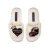 Laines London Women's White Teddy Towelling Laines X Juliet Sears Slipper Sliders With Airfryer Queen Brooches - C In White