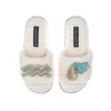 Laines London Women's White Teddy Towelling Slipper Sliders With Aquarius Zodiac Brooches - Cream In White