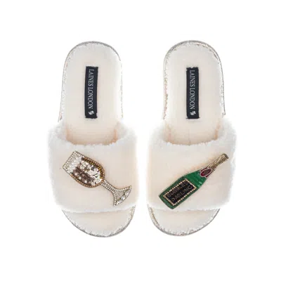 Laines London Women's White Teddy Towelling Slipper Sliders With Bubbles Darling Brooches - Cream In Multi