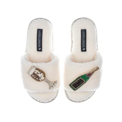 Laines London Women's White Teddy Towelling Slipper Sliders With Bubbles Darling Brooches - Cream