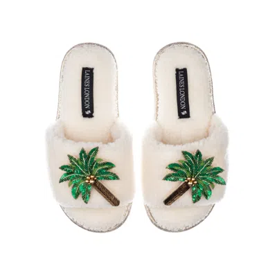 Laines London Women's White Teddy Towelling Slipper Sliders With Double Palm Tree Brooches - Cream