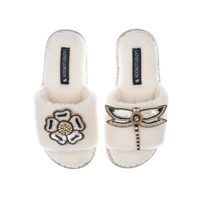 Laines London Women's White Teddy Towelling Slipper Sliders With Dragonfly & Flower Brooches - Cream