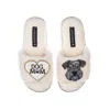 Laines London Women's White Teddy Towelling Slipper Sliders With Ernie The Schnauzer & Dog Mum /mom Brooches - Cre In White