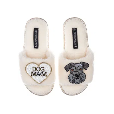 Laines London Women's White Teddy Towelling Slipper Sliders With Ernie The Schnauzer & Dog Mum /mom Brooches - Cre