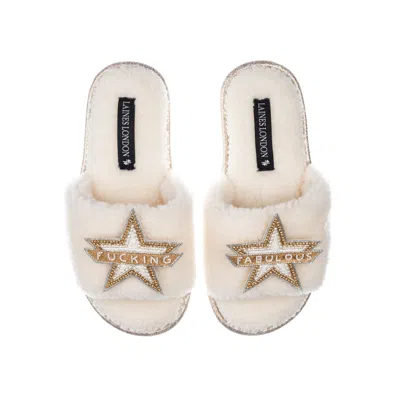 Laines London Women's White Teddy Towelling Slipper Sliders With Fucking Fabulous Brooches - Cream