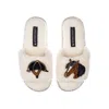 Laines London Women's White Teddy Towelling Slipper Sliders With Horse & Riding Hat Brooches - Cream In White