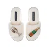 Laines London Women's White Teddy Towelling Slipper Sliders With Laines Champers Brooches - Cream In White