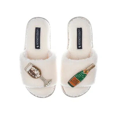 Laines London Women's White Teddy Towelling Slipper Sliders With Laines Champers Brooches - Cream