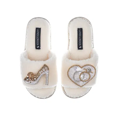 Laines London Women's White Teddy Towelling Slipper Sliders With Mrs Heel & Wedding Rings Brooches - Cream