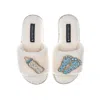 Laines London Women's White Teddy Towelling Slipper Sliders With New Baby Boy Brooches - Cream In White