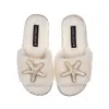 Laines London Women's White Teddy Towelling Slipper Sliders With Pearl Starfish Brooches - Cream In White