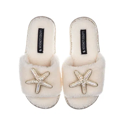 Laines London Women's White Teddy Towelling Slipper Sliders With Pearl Starfish Brooches - Cream