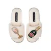 Laines London Women's White Teddy Towelling Slipper Sliders With Pink Champagne Brooches - Cream In White