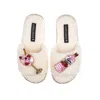 Laines London Women's White Teddy Towelling Slipper Sliders With Pink Gin & Fruit Glass Brooches - Cream In White