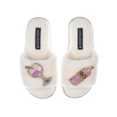 Laines London Women's White Teddy Towelling Slipper Sliders With Pink Gin Brooches - Cream