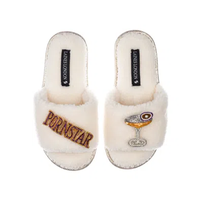 Laines London Women's White Teddy Towelling Slipper Sliders With Porn Star Martini Brooches - Cream