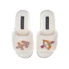 Laines London Women's White Teddy Towelling Slipper Sliders With Sagittarius Zodiac Brooches - Cream In White