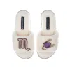 Laines London Women's White Teddy Towelling Slipper Sliders With Scorpio Zodiac Brooches - Cream In White