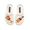 Laines London Women's White Teddy Towelling Slipper Sliders With Summer Spritzer Brooches - Cream In White
