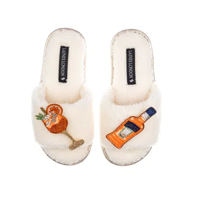 Laines London Women's White Teddy Towelling Slipper Sliders With Summer Spritzer Brooches - Cream
