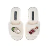 Laines London Women's White Teddy Towelling Slipper Sliders With Tequila Slammer Brooches - Cream In White