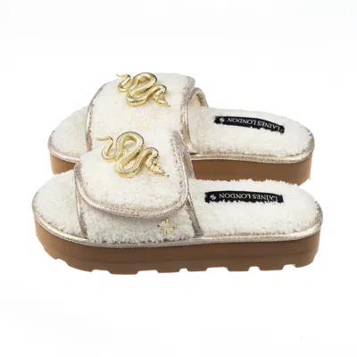 Laines London Women's White Terry Towelling Flatform Sliders With Gold Metal Snake Brooches - Cream In Multi