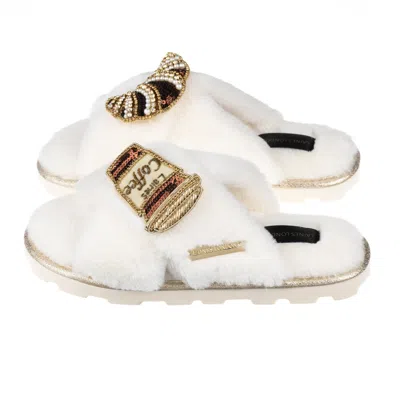 Laines London Women's White Ultralight Chic Laines Slipper Sliders With Coffee & Croissant Brooches - Cream