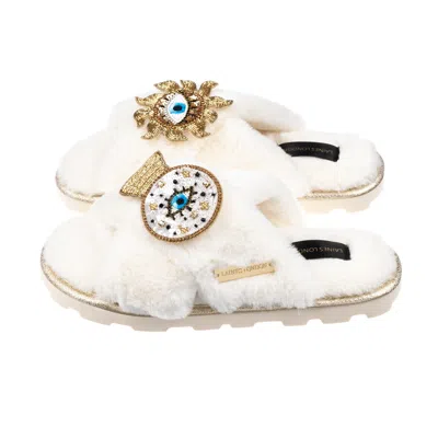 Laines London Women's White Ultralight Chic Laines Slipper Sliders With Double Mystic Eyes Brooches - Cream
