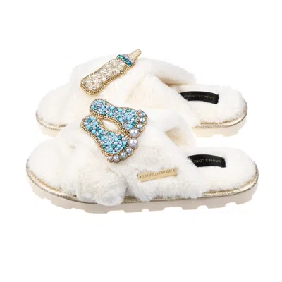 Laines London Women's White Ultralight Chic Laines Slipper Sliders With New Baby Boy Brooches - Cream
