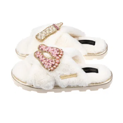 Laines London Women's White Ultralight Chic Laines Slipper Sliders With New Baby Girl  Brooches - Cream