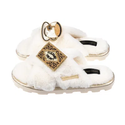 Laines London Women's White Ultralight Chic Laines Slipper Sliders With Tea & Biscuit Brooches - Cream
