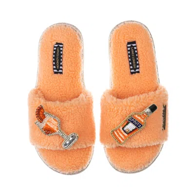 Laines London Women's Yellow / Orange Teddy Towelling Slipper Sliders With Artisan Summer Spritz Brooches - Coral
