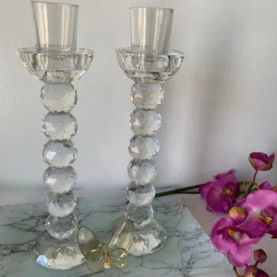 Lainy Home Pair Of 10" Crystal Ball Candlesticks In Metallic