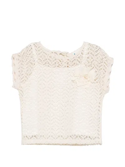Lalalù Kids' Crochet T-shirt With Floral Details In White