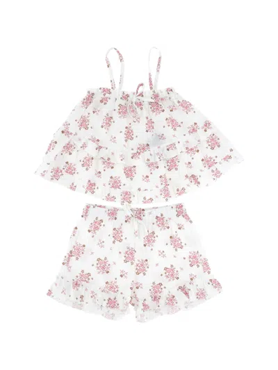 Lalalù Kids' Floral-print Shorts And Blouse Set In White