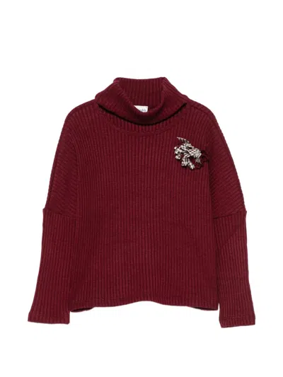 Lalalù Kids' Lalalu' Ribbed Sweater With Floral Appliqués In Burgundy